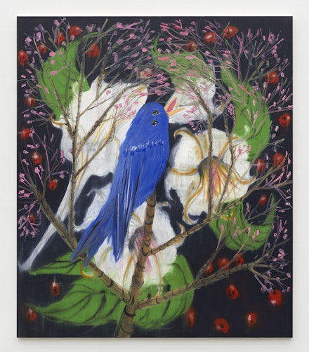 Ann Craven, <em>Portrait of a Blue Bird (Night Song, After Picabia), 2023,</em> 2023. Oil on linen, 84 x 72 inches. Courtesy of Karma Gallery.