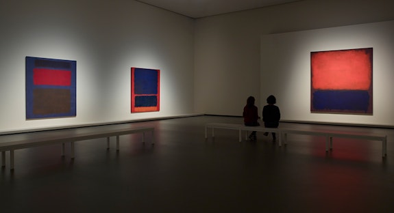 Installation view: <em>Mark Rothko</em>, Gallery 9, Floor 2, Fondation Louis Vuitton, Paris, 2023–24. Left to right: Mark Rothko, <em>Untitled</em>, 1960, <em>Blue, Orange, Red</em>, 1961,<em> No. 14</em>, 1960. © 1998 Kate Rothko Prizel & Christopher Rothko - Adagp, Paris, 2023.