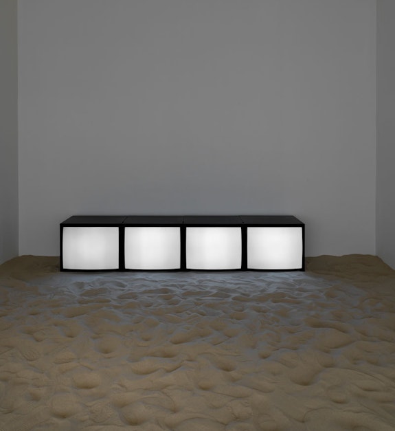 Installation view, Lutz Bacher, <em>AYE!</em>, Raven Row, London, 2023. Featuring <em>The Book of Sand</em>, 2011–12, and <em>What Are You Thinking</em>, 2011. Courtesy the Estate of Lutz Bacher and Galerie Buchholz. Photo: Marcus J Leith.