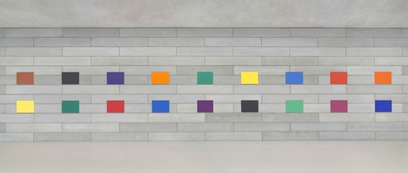 Ellsworth Kelly, <em>Color Panels for a Large Wall II</em>, 1978. Oil on canvas, eighteen panels, 38 1/4 inches x 370 inches overall. © Ellsworth Kelly Foundation. Courtesy Glenstone Museum, Potomac, Maryland. Photo: Ron Amstutz.
