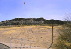 WATER-FLOW MONITORING INSTALLATIONS ON THE RIO GRANDE NEAR PRESIDIO, TX, Part 3) FACING SOUTH, THE FLOOD-PLAIN FROM WEST  OF THE GAUGE SHELTER, 4 PM, 2002-03.  Oil on canvas 28 1/2 x 42 inches 72.39 x 106.68 cm © Rackstraw Downes, Courtesy Betty Cuningham Gallery, New York.