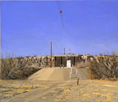 WATER-FLOW MONITORING INSATALLTIONS ON THE RIO GRANDE NEAR PRESIDIO, TX, Part 5) KEY PAINTING, FACING NORTH, THE FLOOD-PLAIN; GAUGE SHELTER PLATFORM, CABLEWAY AND RETAINING WALL, 9 AM, 2002-03.  Oil on canvas 16 1/2 x 19 inches 41.91 x 48.26 cm © Rackstraw Downes, Courtesy Betty Cuningham Gallery, New York.