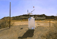 WATER-FLOW MONITORING INSTALLATIONS ON THE RIO GRANDE NEAR PRESIDIO, TX, Part 1) FACING SOUTH, THE GAUGE SHELTER, 1:30PM, 2002-03.  Oil on canvas 28 1/2 x 42 inches 72.39 x 106.68 cm.  © Rackstraw Downes, Courtesy Betty Cuningham Gallery, New York.
