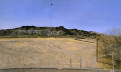 WATER-FLOW MONITORING INSTALLATIONS ON THE RIO GRANDE NEAR PRESIDIO, TX, Part 2) FACING SOUTH, THE FLOOD-PLAIN FROM EAST OF THE GAUGE SHELTER, 10 AM, 2002-03.  Oil on canvas 28 1/2 x 48 inches 72.39 x 121.92 cm © Rackstraw Downes, Courtesy Betty Cuningham Gallery, New York.
