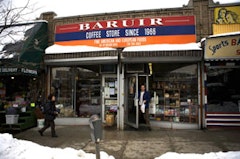 The storefront of Baruir, an Armenian coffee and grocery store in Sunnyside. 