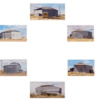 Rackstraw Downes. “Circumambulation Clockwise of the Six-Sided Bull Barn, Marfa, TX” (2007). Oil on canvas. 37 x 37 inches overall. Collection of Ellen Phelan and Joel Shapiro, New York.