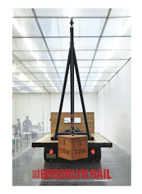 Chris Burden, &#147;1 Ton Crane Truck&#148; (2009). Restored 1964 f350 ford crane truck with one-ton cast-iron weight. Dimensions: truck and weight: 14 ft (h: tip of crane to ground)&#8232;&times; 22 ft 10 in (l: front of truck to back of weight) &times; 8 ft (w: width of back of truck) / (4.2 &times; 6.9 &times; 2.4 m); one-ton weight: 20 &times; 20 &times; 20 in (50.8 &times; 50.8 &times; 50.8 cm). Total weight: 9,000 lbs total. Courtesy the artist and Gagosian Gallery. <em>Chris Burden: Extreme Measures</em> at New Museum, New York, 2013. Courtesy New Museum, New York. Photo: Benoit Pailley.