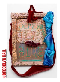 Gaby Collins-Fernandez. <em>Red Velvet INDEPENDENTLY BLUE Painting</em>, 2014. Oil paint and fabric on linen. 25 Ãƒ? 18 inches. Courtesy the artist.