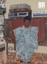 Njideka Akunyili Crosby, <em>&ldquo;The Beautyful Ones&rdquo; Series #8</em>, 2018. Acrylic, color pencil, and transfers on paper, 59 7/8 x 42 inches. Courtesy the artist. Photo: Angus Mill.