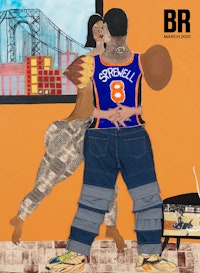 Tschabalala Self, <em>Sprewell</em>, 2020. Fabric, painted canvas, silk, jeans, painted newsprint, paper, stamp, thread, photo transfer and acrylic on canvas, 84 x 72 x 1 1/2 inches. Courtesy the artist and Galerie Eva Presenhuber, Zurich / New York.